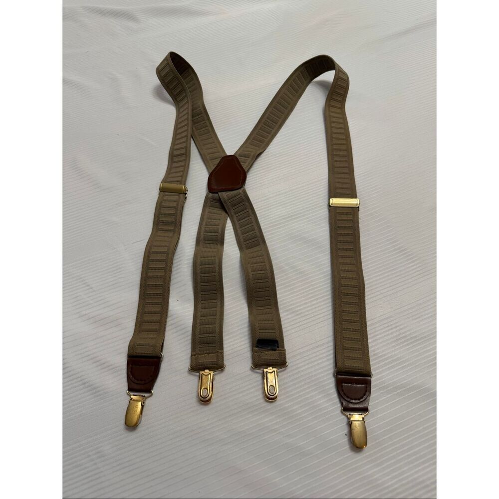 Pelican USA Vintage Tan Brown Y Suspenders Braces Gold Hardware